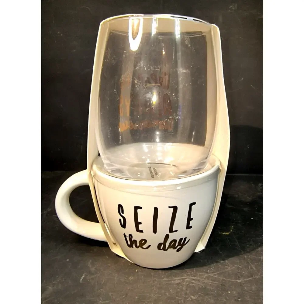 2068. Gift Set Stoneware Mug Stemless Wine Glass Seize the Day Tomorrow